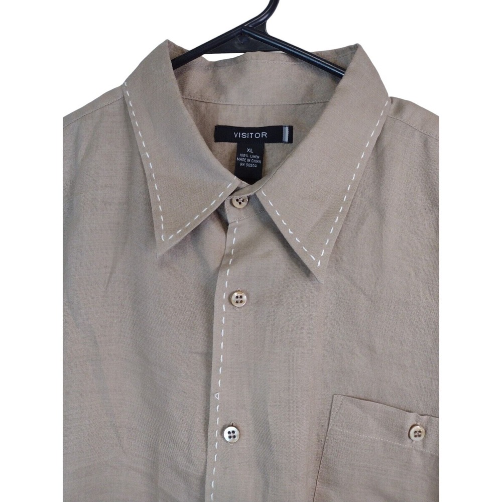 Visitor Mens XL Linen Short Sleeve Button Down Shirt Tan Contrast Stitch Khaki